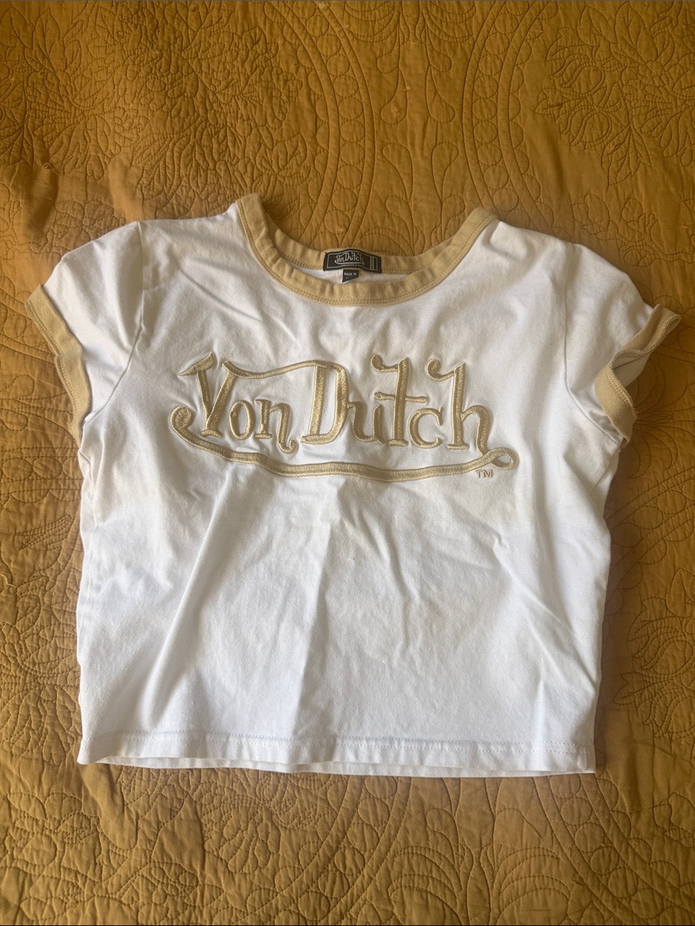 Von Dutch White Crop Tee with Tan Trim and Embroidered Logo